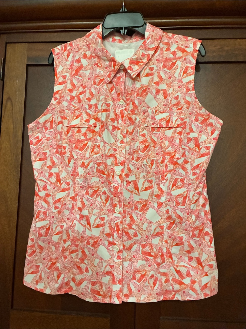 Reel Legends Coral and White Sleeveless Button-Down Shirt